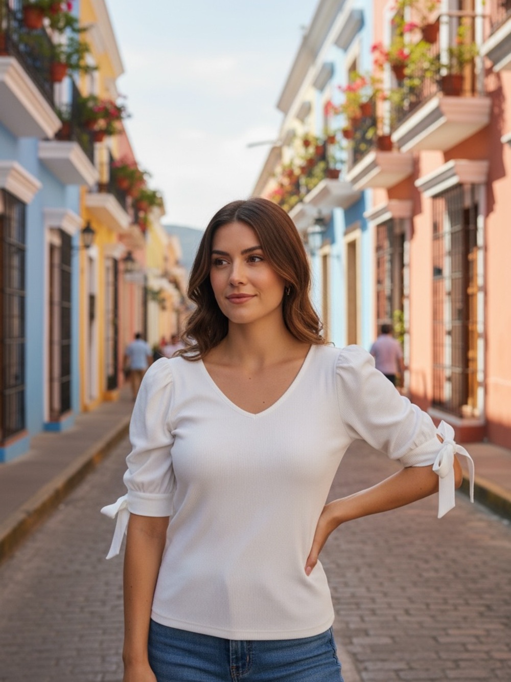 Express White Puff Sleeve V-Neck Top